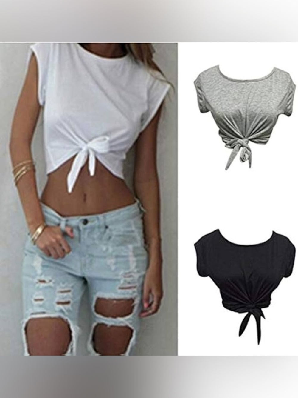 Gray Tie Front Crop Top | Casual Short Sleeve Knotted Tee - Picture 6 of 7